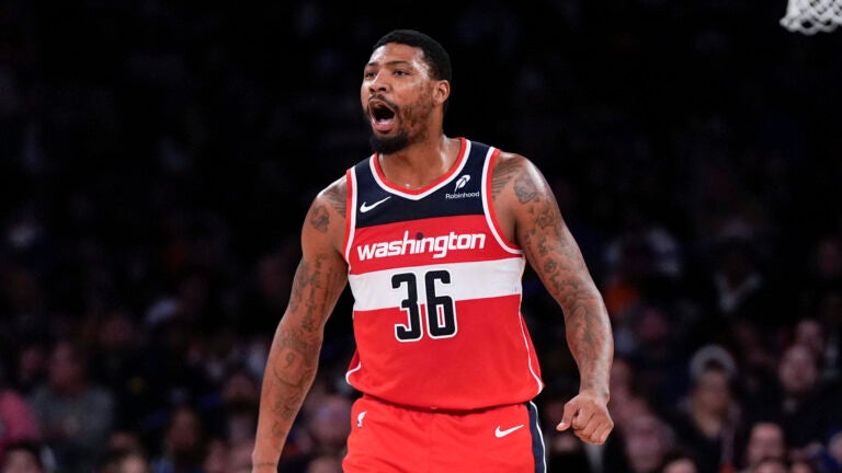 Washington Wizards guard Marcus Smart (36) reacts during the second half of an NBA basketball game against the New York Knicks, Saturday, March 22, 2025, in New York.