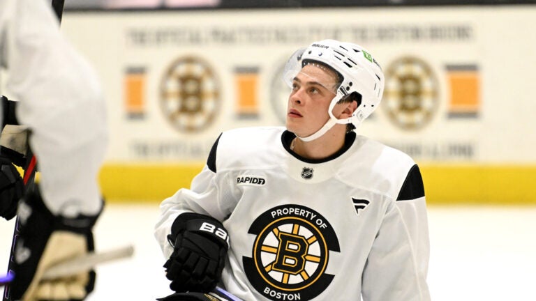 James Hagens, the Bruins’ 7th overall draft pick, takes a knee during the first day of Bruins Development Camp at Warrior Arena in Brighton on Monday, June 30, 2025.