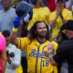 Former Boston Red Sox Johnny Damon is introduced during a surprise guest appearance. The Savannah Bananas play the Party Animals at Brockton’s Campanelli Stadium on their first ever visit to Massachusetts.