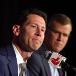 New Boston Red Sox director of baseball operations Craig Breslow is introduced to the media by Boston Red Sox president and chief executive officer Sam Kennedy.