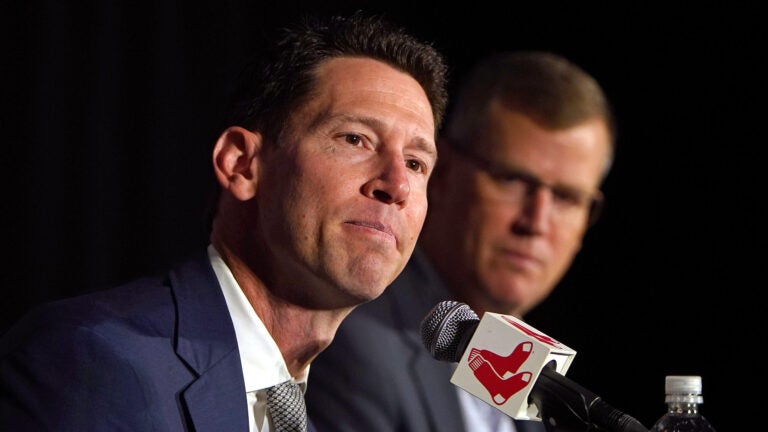 New Boston Red Sox director of baseball operations Craig Breslow is introduced to the media by Boston Red Sox president and chief executive officer Sam Kennedy.