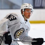 The Boston Bruins held their development camp at Warrior Ice Arena. Oskar Jellvik during a drill.
