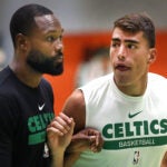 Newly signed Celtics Luka Garza works out during practice. The Boston Celtics held a media availability and a practice session at the Auerbach Center featuring new draft players and rookies practicing before going to Las Vegas to play in the Summer League.
