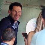 Boston Red Sox Chief Baseball Officer Craig Breslow speaks with reporters in the dugout before a baseball game against the Houston Astros, Sunday, Aug. 3, 2025, in Boston
