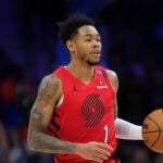 Portland Trail Blazers' Anfernee Simons plays during an NBA basketball game Monday, March 3, 2025, in Philadelphia.