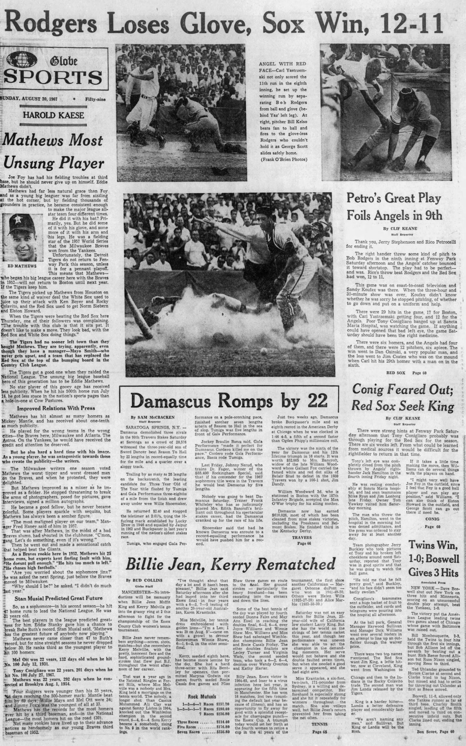 1967 Boston Globe Sports Red Sox win