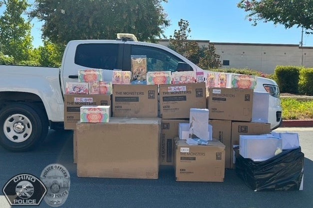 This image released by the City of Chino Police Department on Monday, Aug. 11, 2025, shows boxes of stolen Labubus that were recovered in Upland, Calif.