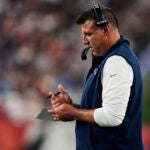 New England Patriots head coach Mike Vrabel during an NFL preseason football game, Friday, Aug. 8, 2025, in Foxborough, Mass.