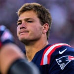 New England Patriots quarterback Drake Maye (10) prior to an NFL preseason football game, Friday, Aug. 8, 2025, in Foxborough, Mass.