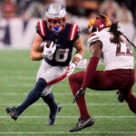 New England Patriots wide receiver Efton Chism III (86) during an NFL preseason football game, Friday, Aug. 8, 2025, in Foxborough, Mass.