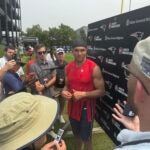 Mack Hollins showcased his new practice gear on Monday.