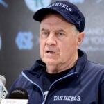 North Carolina coach Bill Belichick speaks during an NCAA college football press conference, Wednesday, March 5, 2025, in Chapel Hill, N.C.