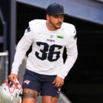 New England Patriots place kicker Andres Borregales (36) heads to the field prior tp an NFL football practice, Wednesday, May 28, 2025, in Foxborough, Mass.