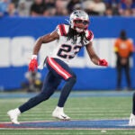 New England Patriots safety Kyle Dugger (23) defends near the line of scrimmage during an NFL preseason football game against the New York Giants, Thursday, Aug.. 21, 2025, in East Rutherford, NJ.