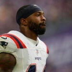 New England Patriots linebacker K'Lavon Chaisson (44) stands on the field before an NFL preseason football game against the Minnesota Vikings, Saturday, Aug. 16, 2025, in Minneapolis.