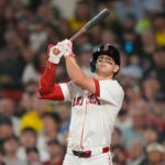 Boston Red Sox Roman Anthony watches his hit go foul in the fifth inning of a baseball game against the Kansas City Royals, Wednesday, Aug. 6, 2025, in Boston.
