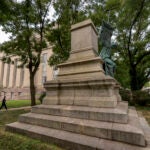 A plinth that once held a statue of Confederate general Albert Pike is seen in a park near the headquarters of the Department of Labor on Tuesday, Aug. 5, 2025, in Washington.