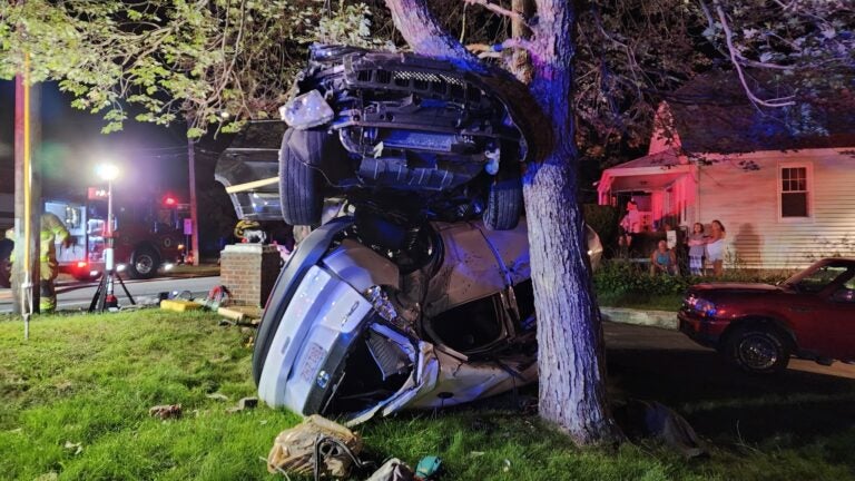 Cars end up piled on top of each other in southern Mass. crash