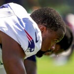 Sweat drips off New England Patriots wide receiver Kayshon Boutte (9) during today’s Patriots training camp practice in Foxborough, MA.