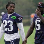 New England Patriots safety Kyle Dugger (23) and New England Patriots safety Jabrill Peppers (5) after today’s Patriots training camp walk through practice in Foxborough, MA.