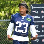 Patriots Kyle Dugger arrives on the field as the New England Patriots held training camp at the Gillette Stadium complex on Friday.