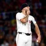 Boston Red Sox starting pitcher Garrett Crochet (35) allows two Cleveland Guardians runs during the sixth inning at Fenway Park on Sept. 2, 2025.