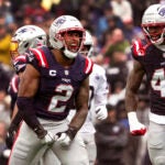 New England Patriots linebacker Harold Landry III (2) celebrates a defensive play during the first quarter. The New England Patriots host the Las Vegas Raiders in the 2025 season home opener Sunday, September 7, 2025 at Gillette Stadium in Foxborough, MA.