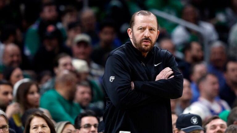 New York Knicks head coach Tom Thibodeau during the first quarter in game one of the NBA Eastern Conference semifinal against the New York Knicks at TD Garden.