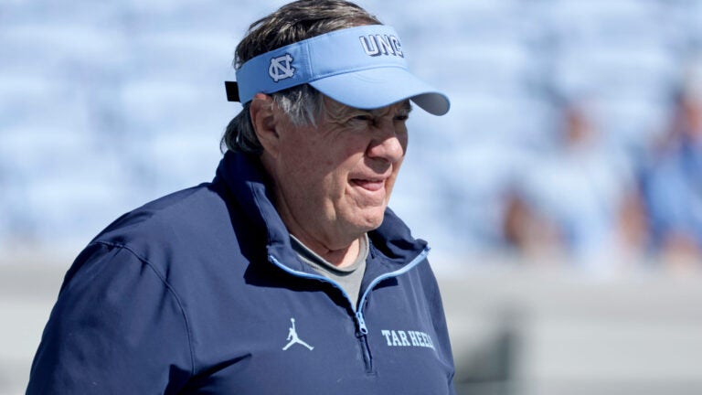 North Carolina head coach Bill Belichick walks on the field before an NCAA college football game against Clemson, Saturday, Oct. 4, 2025, in Chapel Hill, N.C.
