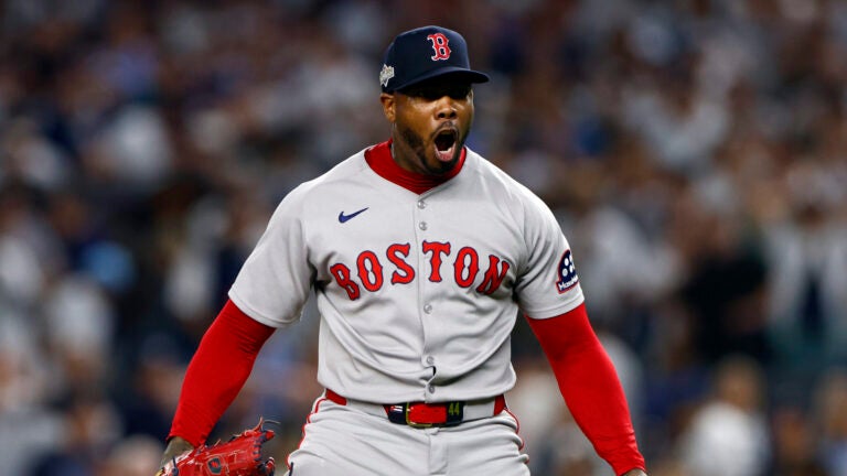 Boston Red Sox relief pitcher Aroldis Chapman (44) reacts after striking out the New York Yankees to end the ninth inning of Game 1 of the Wild Card playoff series at Yankee Stadium on Sept. 30, 2025, in New York.