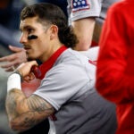 Boston Red Sox left fielder Jarren Duran (16) reacts to losing to the New York Yankees in Game 3 of the Wild Card playoff series at Yankee Stadium on Oct. 2, 2025, in New York.