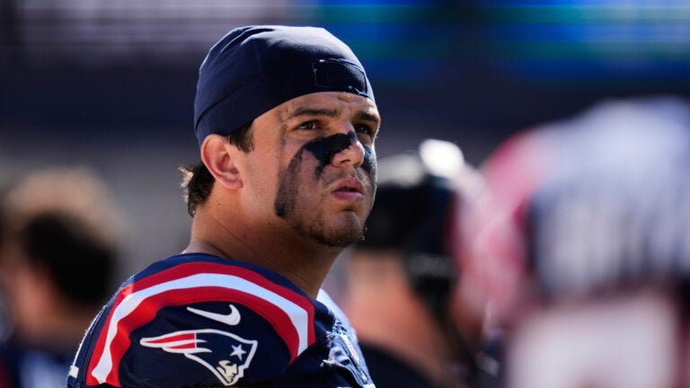 New England Patriots offensive tackle Will Campbell (66) during an NFL football game, Sunday, Sept. 28, 2025, in Foxborough, Mass.