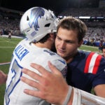 Buffalo Bills quarterback Josh Allen, left, and New England Patriots quarterback Drake Maye, right, greet at midfield after their NFL football game, Sunday, Sept. 5, 2025, in Orchard Park, N.Y.
