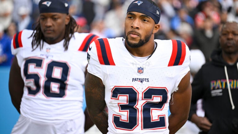 New England Patriots running back TreVeyon Henderson (32) before a NFL football game against the Tennessee Titans Sunday, Oct. 19, 2025, in Nashville, Tenn.