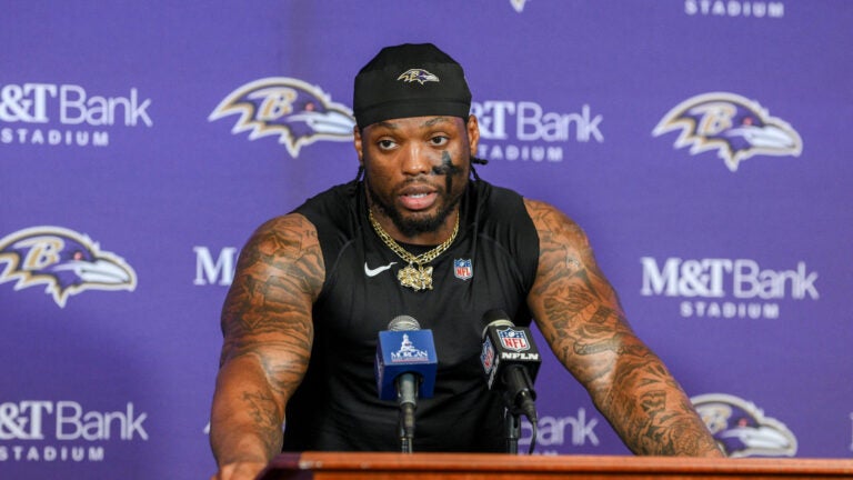 Baltimore Ravens running back Derrick Henry speaks to reporters following an NFL football game against the Los Angeles Rams Sunday, Oct. 12, 2025, in Baltimore.