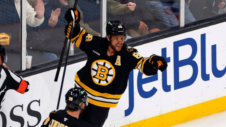 Boston Bruins right wing David Pastrnak (88) celebrates his goal against the New York Islanders with center Elias Lindholm (28) and the team during the second period at TD Garden on Oct. 28, 2025.