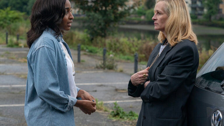 Ayo Edebiri, left, as Maggie and Julia Roberts as Alma in “After the Hunt.”