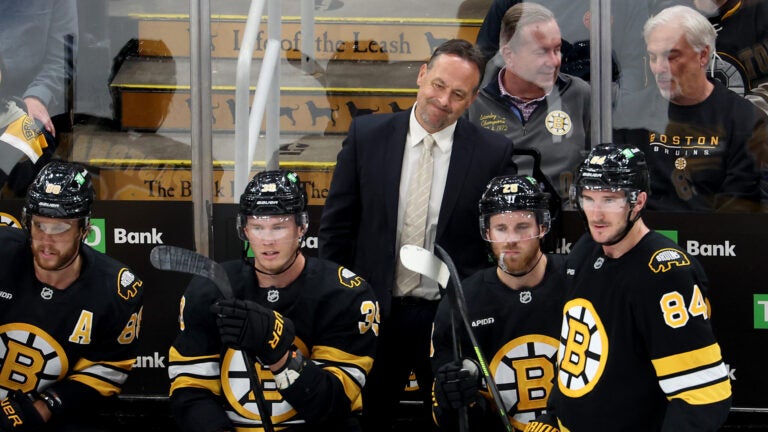 Bruins head coach Marco Sturm reacts during the second period against the Flyeres in a preseason game at TD Garden on Monday, September 29, 2025.