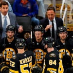 Boston Bruins head coach Marco Sturm instructs the team late during the (3rd period). The Boston Bruins host the New York Rangers in an exhibition game Saturday, October 4, 2025 at TD Garden in Boston, MA.