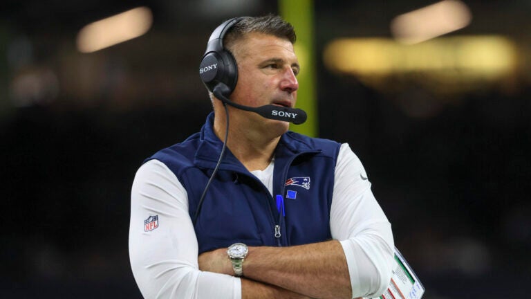 Mike Vrabel head coach for the New England Patriots against the New Orleans Saints during third quarter NFL action at Caesars Superdome on Sunday October 12, 2025.