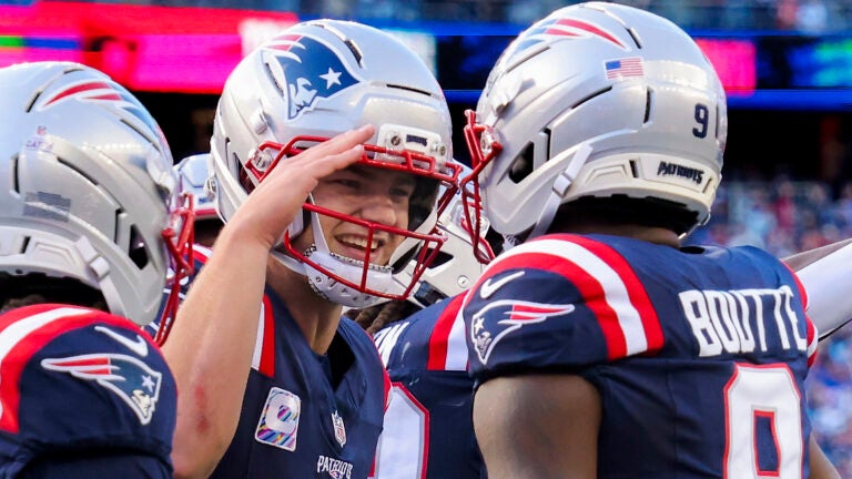 New England Patriots quarterback Drake Maye #10 and teammate Kayshon Boutte #9 celebrate their 39 yard touchdown reception against the Cleveland Browns during third quarter NFL action at Gillette Stadium on Sunday October 26, 2025.