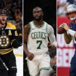 Boston Bruins forward David Pastrnak, Boston Celtics forward Jaylen Brown, and New England Patriots quarterback Drake Maye.