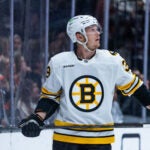 Boston Bruins center Morgan Geekie (39) waits for play to begin during the third period of an NHL hockey game against the Anaheim Ducks Wednesday, Nov. 19, 2025, in Anaheim, Calif.