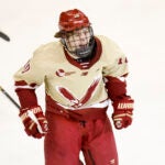 Boston College forward James Hagens (10) reacts after scoring a goal during the third period of an NCAA hockey regionals game against Bentley on Friday, March 28, 2025, in Manchester, N.H. Boston College won 3-1.