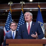 House Oversight Committee Chairman James Comer, R-Ky., center, is joined from left by House Majority Whip Tom Emmer, R-Minn., Speaker of the House Mike Johnson, R-La., and Rep. Lisa McClain, R-Mich., to talk to reporters about the Jeffrey Epstein investigation, at the Capitol in Washington.