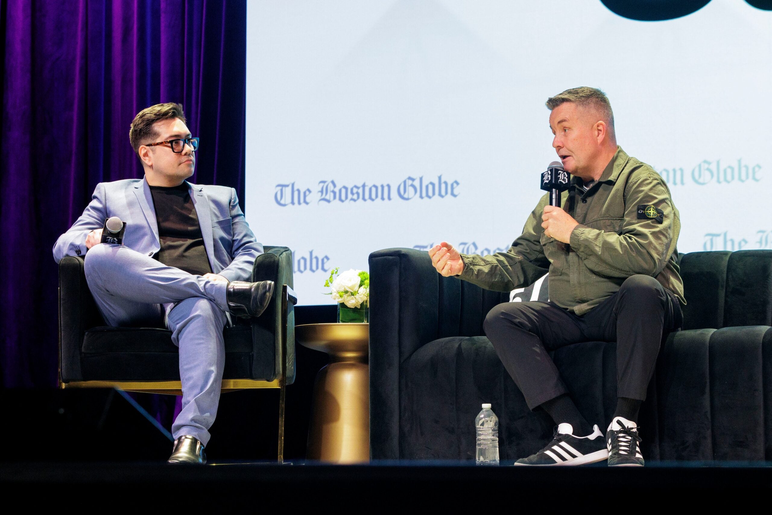 Ken Casey of the Dropkick Murphys with Boston Globe Assistant Digital Editor Matt Juul at the Globe Summit. 