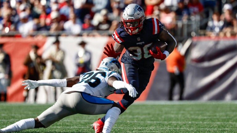 New England Patriots' Rhamondre Stevenson runs against the Carolina Panthers during an NFL football game at Gillette Stadium, Sunday, Sept. 28, 2025 in Foxborough, Mass.