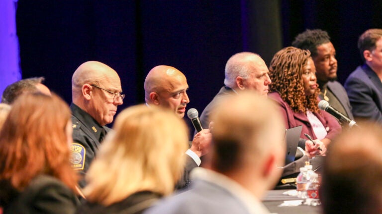 Rishi Shukla of the Downtown Boston Neighborhood Association moderated a discussion on public safety in the area Thursday night.