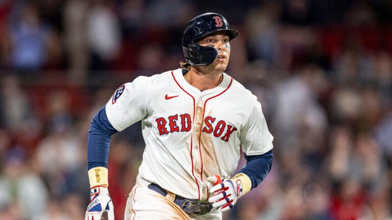 Boston Red Sox first base Triston Casas (36) runs the bases after making a home run during the eighth inning at Fenway Park on Wednesday, April 23, 2025.