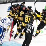 Boston Bruins right wing David Pastrnak (88) is at the center of the celebration after scoring to give Boston a 4-1 lead during the 2nd period. The Boston Bruins hosted the Toronto Maple Leafs Tuesday, November 11, 2025 at TD Garden in Boston, MA.